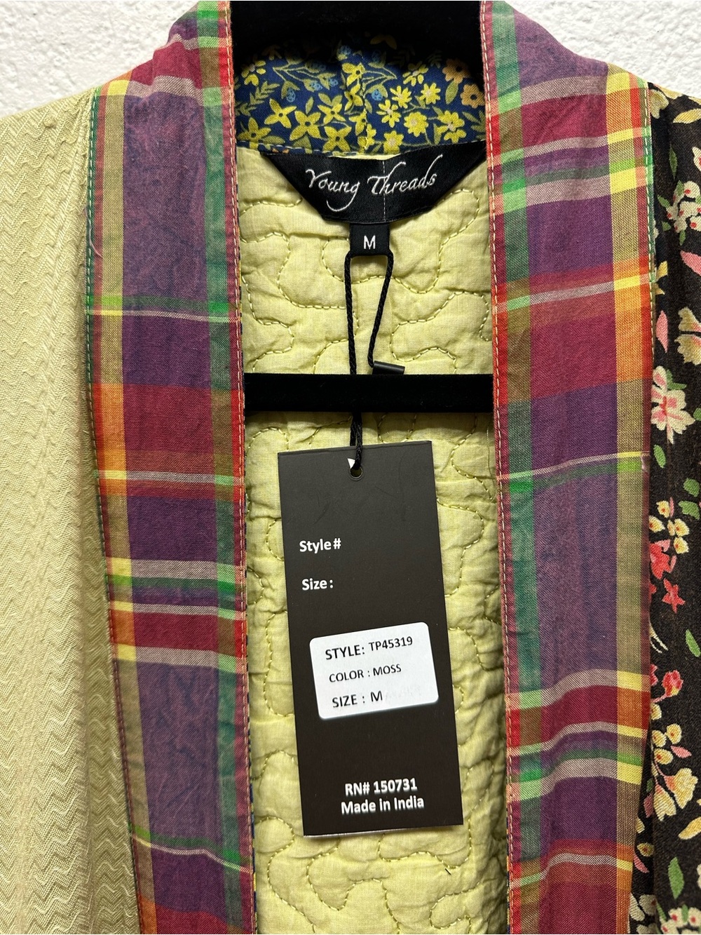 K176 Quilted Patchwork Open Jacket Sz M Plaid Trim Moss Multicolor Pockets NWT
